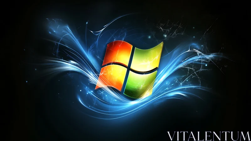 Glowing Windows logo with swirling blue light trails.