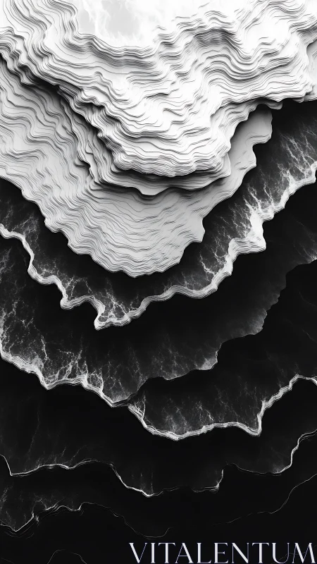 Monochrome layered abstract resembling stratified waves.