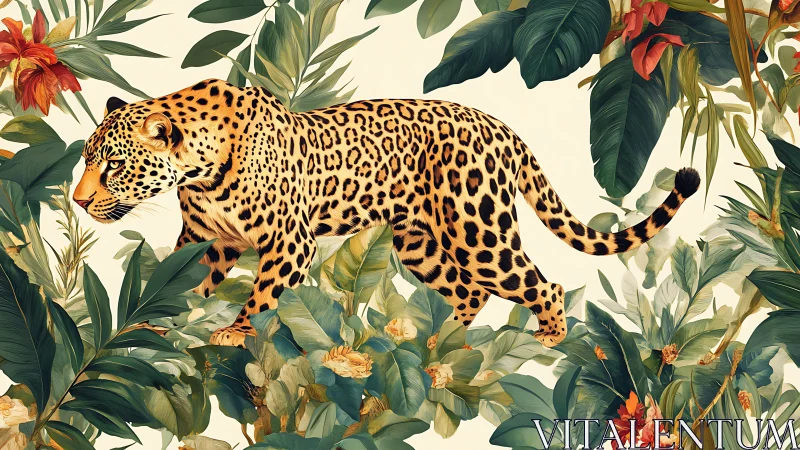 Leopard in lush botanical maze, prowling through painted wilds.