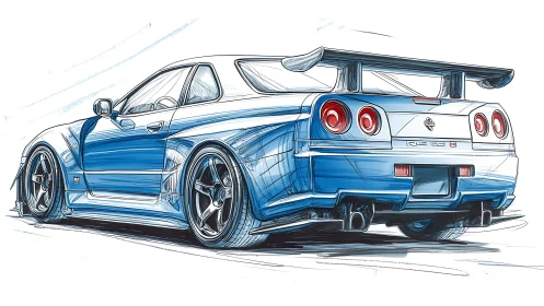 Technical sketch of blue Nissan Skyline GT-R R34 rear three-quarter