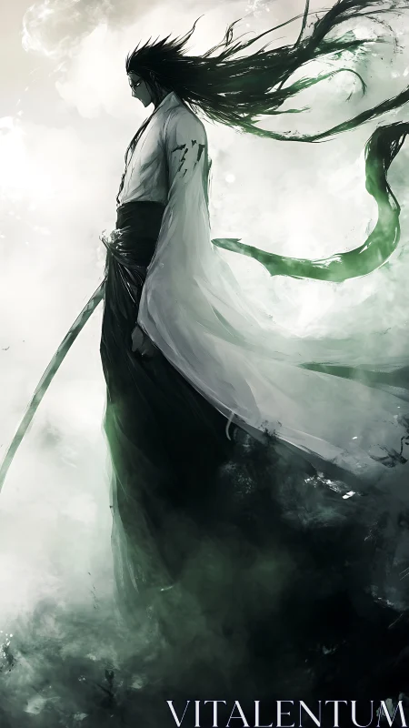 Calm warrior in drifting mist with windswept dark hair.