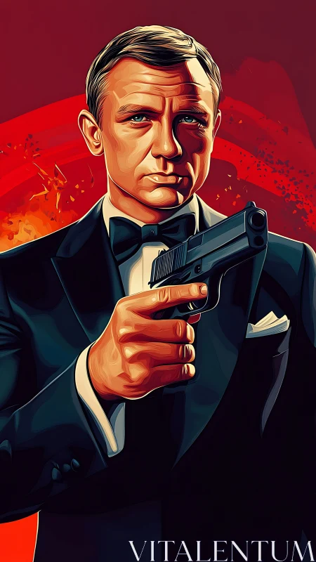 Sharp-suited secret agent holds handgun against red backdrop.