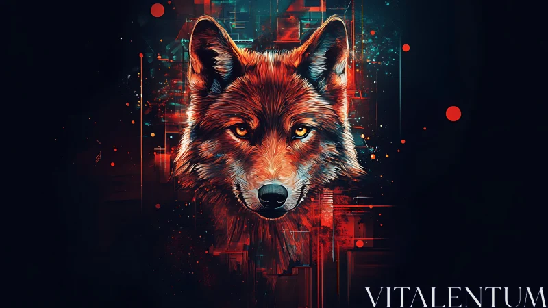 Wolf head digital painting with abstract neon geometry.