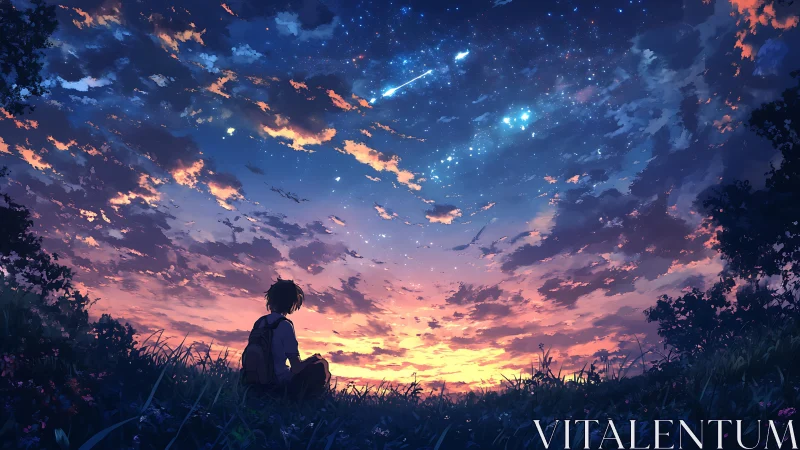 Stargazing youth under a blazing twilight sky of dreams.