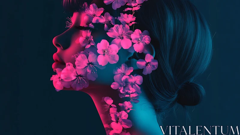Neon floral profile merges portrait and glowing blossoms.
