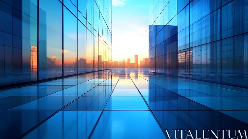 Modern Glass Corridor with Urban Skyline Reflection at Sunset