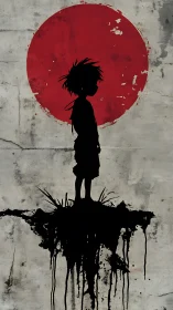 Shadow child adrift beneath a bleeding red sun circle.