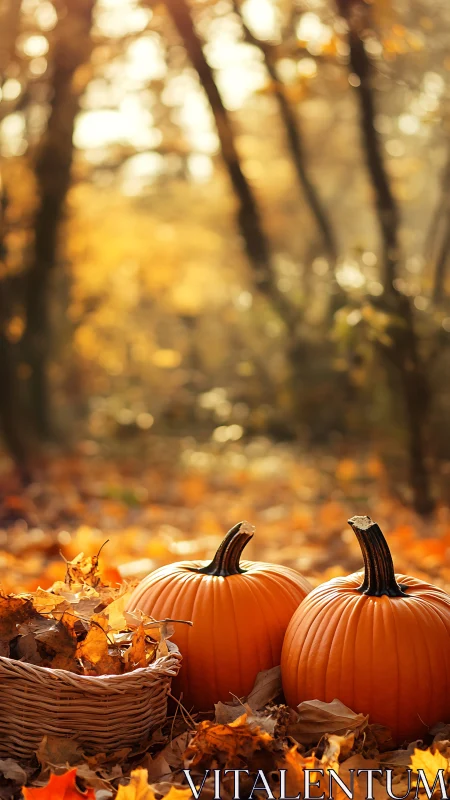 Two pumpkins rest on leaf-covered ground in shallow focus