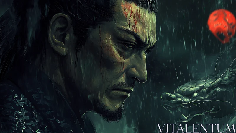 Profile view depicts wounded samurai and spectral dragon in rain