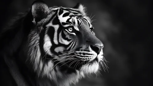 Monochrome tiger portrait with dramatic side lighting profile.