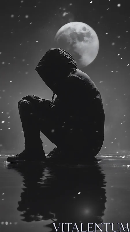 Silhouetted hooded figure crouches under full moon reflection