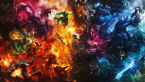 Elemental warriors clash in chromatic fantasy battle panorama.