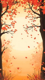 Autumn Foliage Descent: Digital Illustration of Falling Leaves and Trees