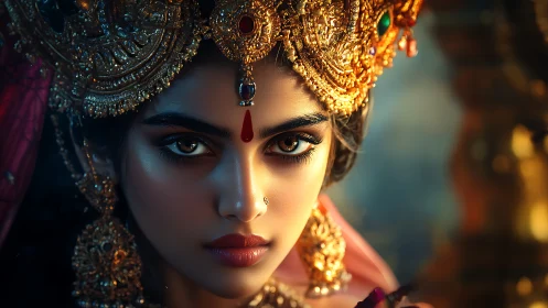 Regal woman in ornate golden headpiece and jewelry portrait.