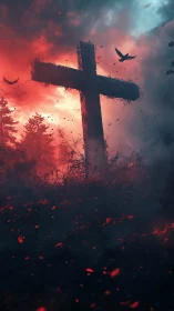 Charred cross silhouette rises amid embers and bicolored storm sky