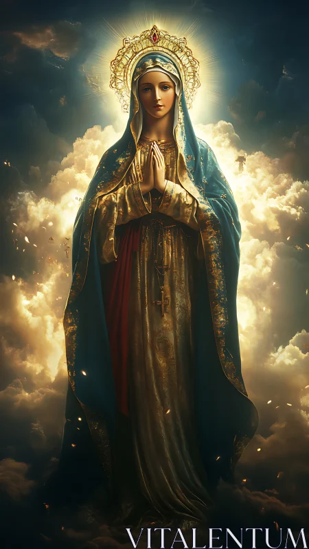 Sacred robed figure glows within luminous storm clouds.