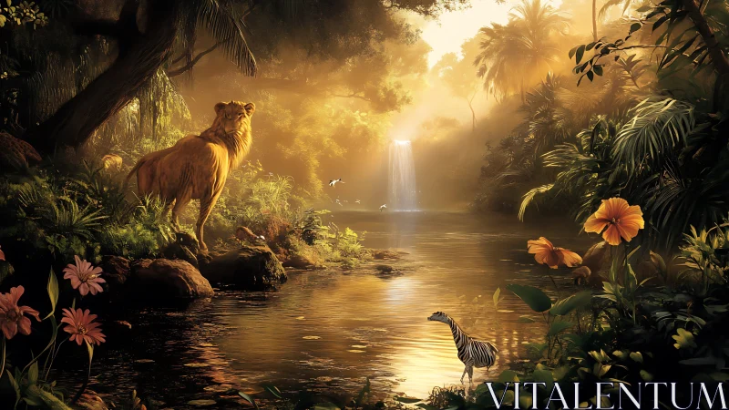 Mythical Lion Guards Enchanted Waterfall Sanctuary in Golden Light
