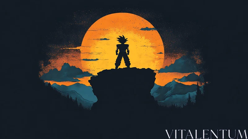 Silhouetted figure stands on rocky cliff before large sun