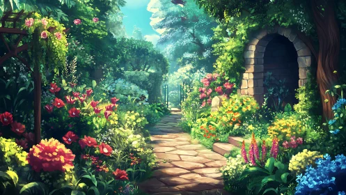 Sunlit garden path drifts toward a softly glowing secret gate