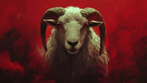 Horned white ram faces viewer against dark red clouds.