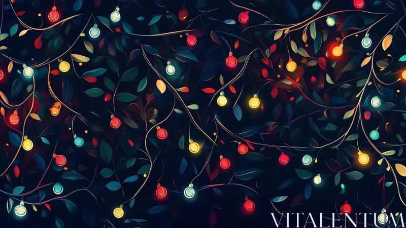 Colored string lights interwoven with stylized leafy branches.