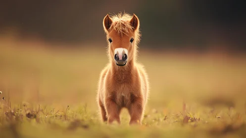 Soft golden foal stands calmly in a sunlit open meadow