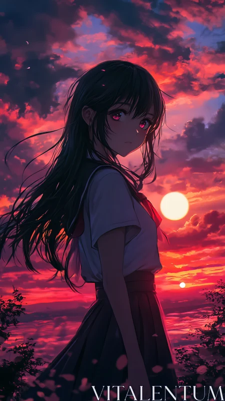 Twilight schoolgirl silhouette under crimson dual sunset sky