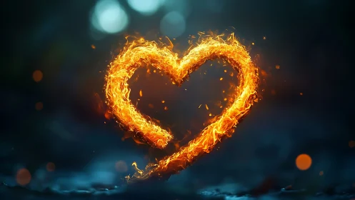 Flaming heart shape rendered with fire effects and particles