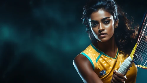 Female tennis player in yellow jersey against dark background.