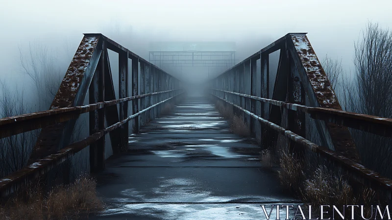 Rusted bridge fading into dense winter fog at dawn.