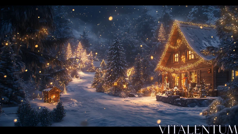 Snow-laden alpine cabin with luminous festive illumination field.