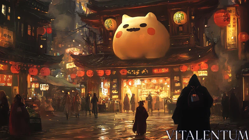 Giant cat lantern smiles over a lively night city market