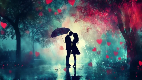 Silhouetted Romance Under Umbrella in Rain.