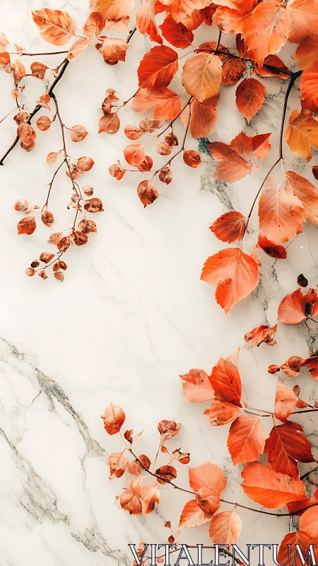 Autumn branches frame marble backdrop with vivid contrast.