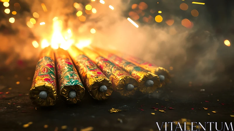 Photorealistic ground-level view of colorful firecrackers lineup.
