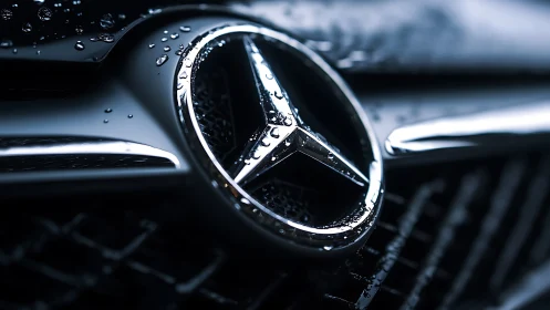 Chrome car emblem catches rain on dark grille surface.