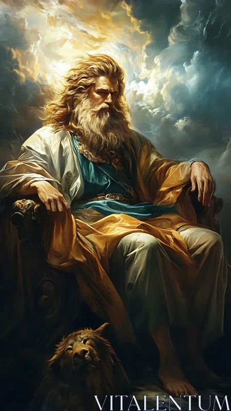 Majestic enthroned deity rendered in luminous digital chiaroscuro