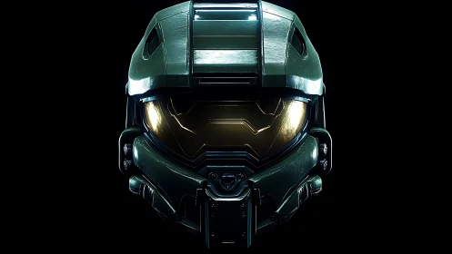 Green sci fi combat helmet with gold visor on black