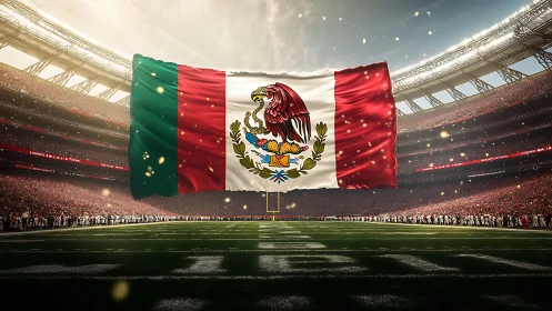 Mexican national flag suspended above illuminated football stadium