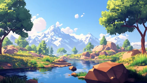 Stylized alpine river valley reflects snow capped mountain range