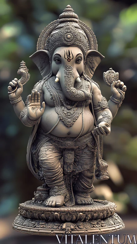 Detailed Ganesha statue stands on ornate circular pedestal