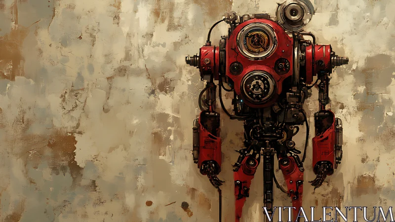 Red industrial robot stands against textured painted wall