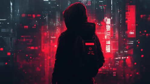 Hooded cyberpunk operative facing red encrypted city grid