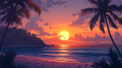 Tropical coastline sunset rendered in saturated digital gradients