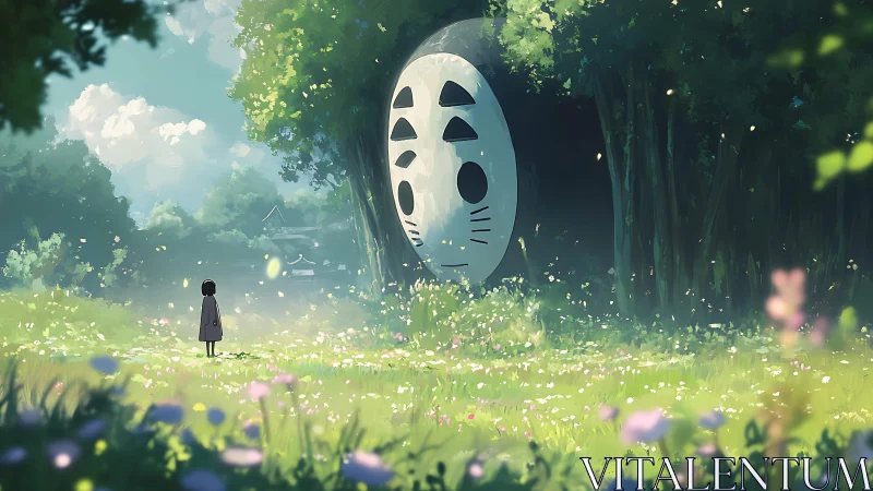 Child observing giant mask-like spirit in forest clearing.