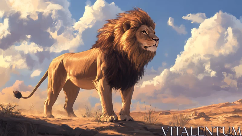 Digital painting of a regal lion under expansive desert sky.
