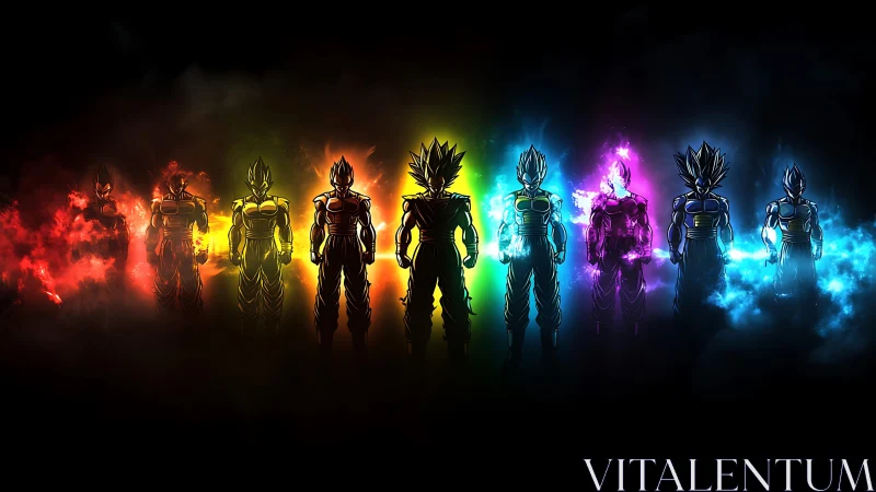 Saiyan warrior silhouettes in multicolor energy auras.