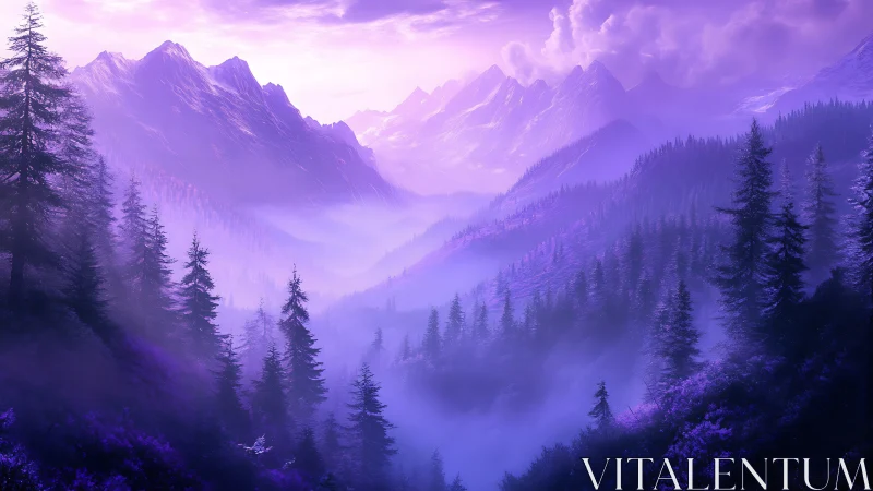 Purple-toned coniferous valley with layered mountain ranges.