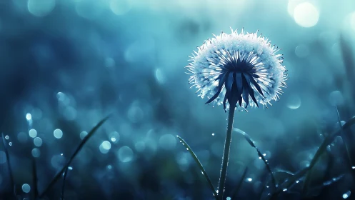 Soft blue dawn embracing a single dewy dandelion.