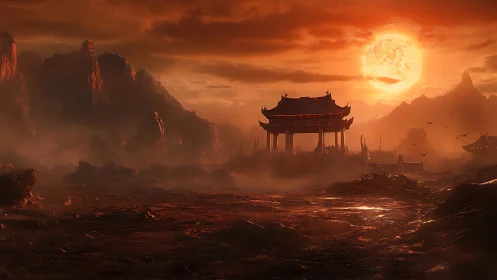 Crimson sun temple broods over misty volcanic wasteland.